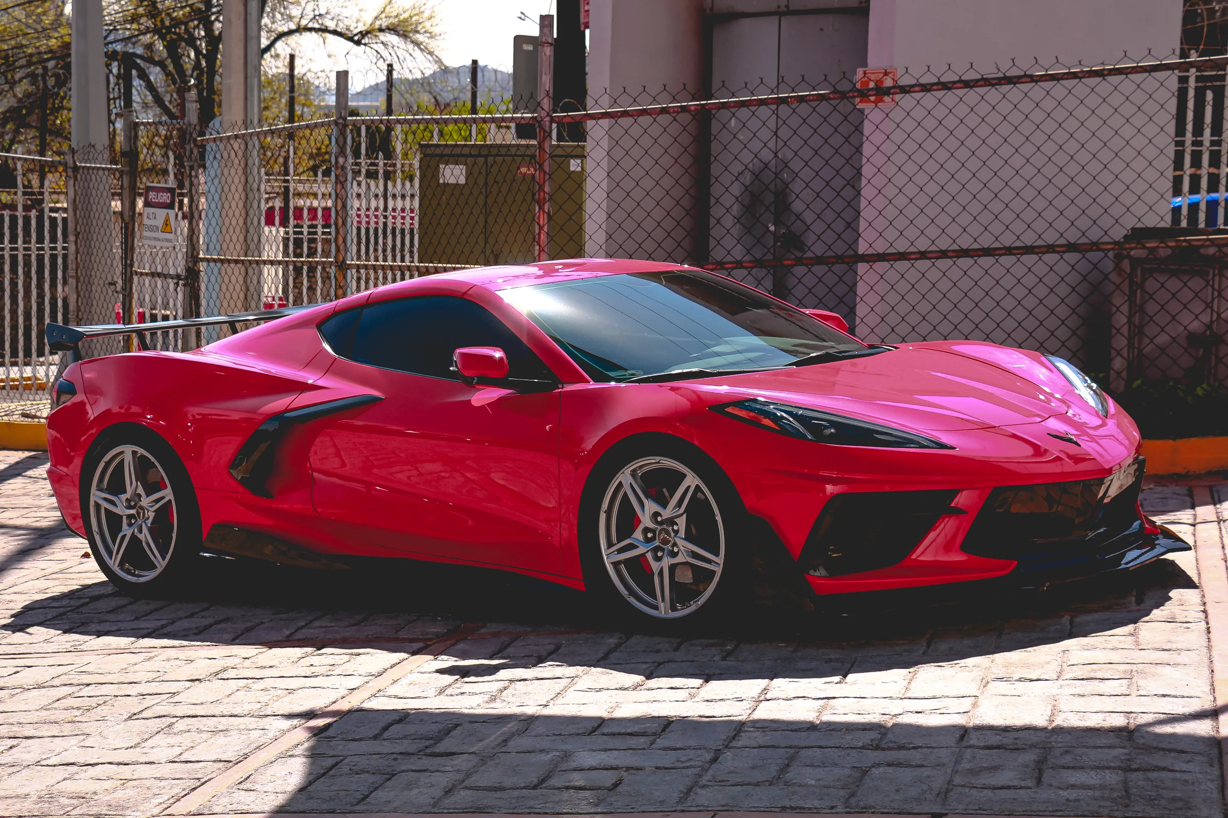 El Corvette visto de lado, con el spoiler trasero y la malla ciclónica detrás